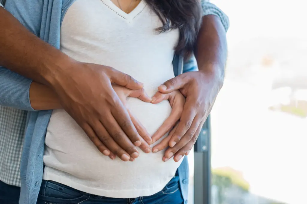 An expectant mother cradling her belly with her partner's hands